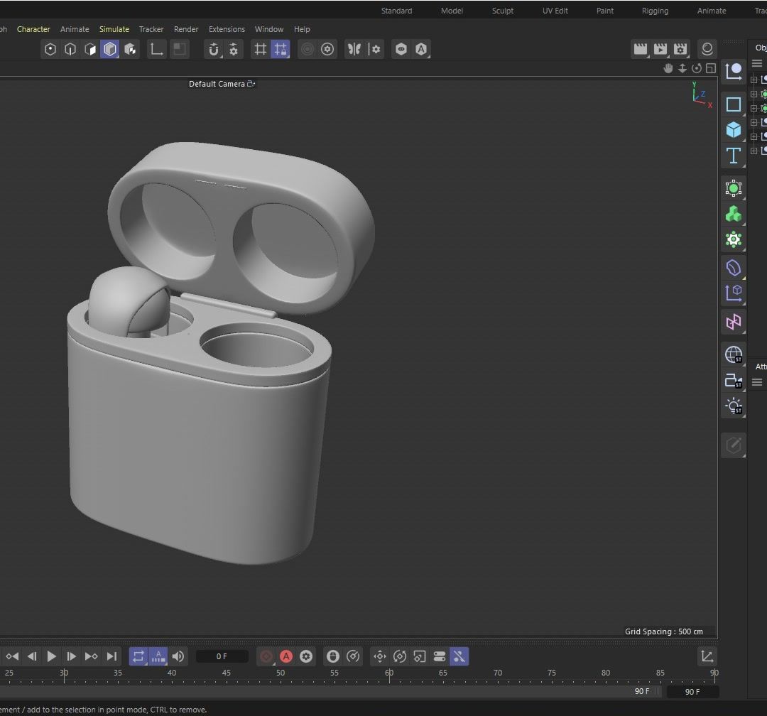 Untextured 3D model of the earbuds case in the Cinema 4D viewport