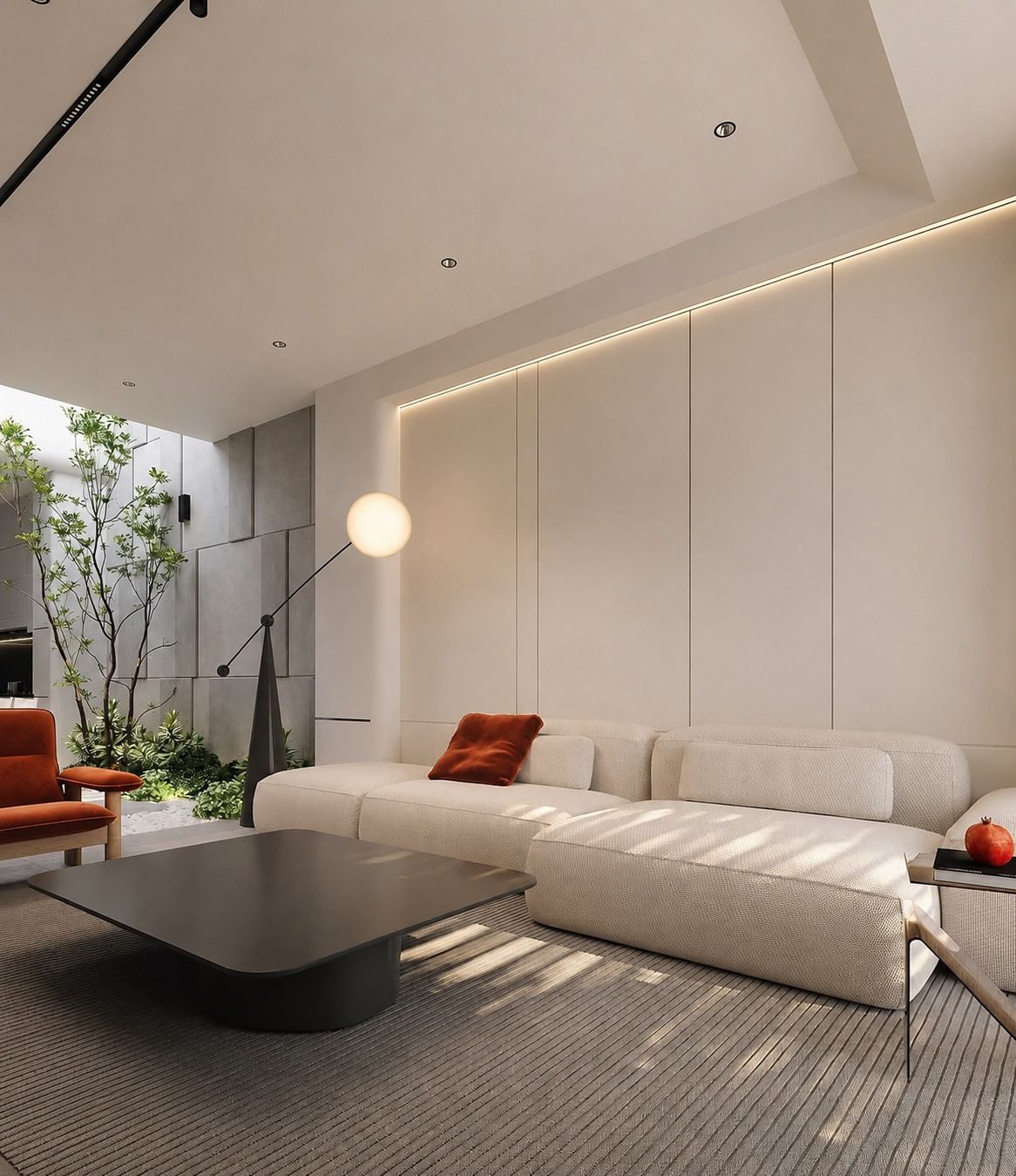 Side view of the living room with lit wall panels and daylight from the light well