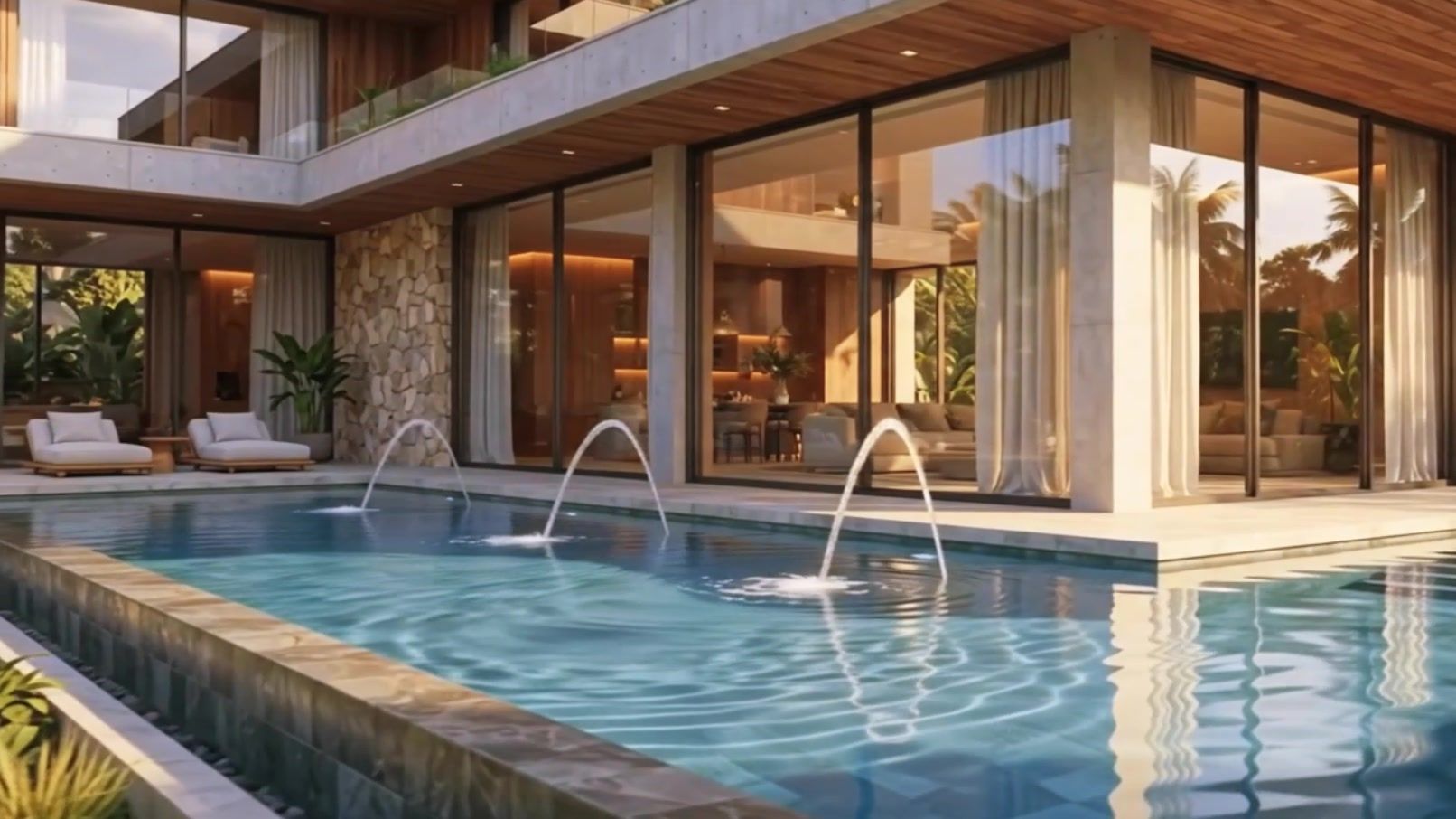 Pool with water jets beside floor-to-ceiling glass under a deep timber overhang