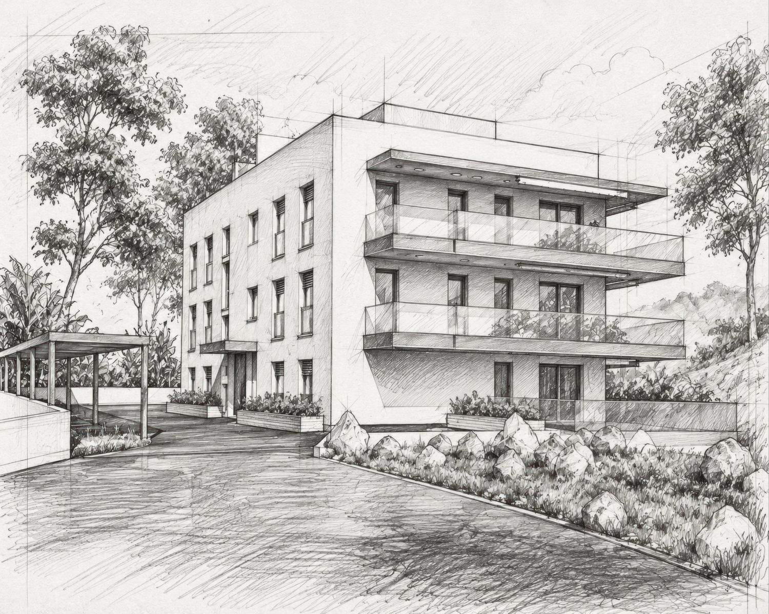 Pencil sketch of the apartment building with balconies, pergola and boulder landscape in perspective