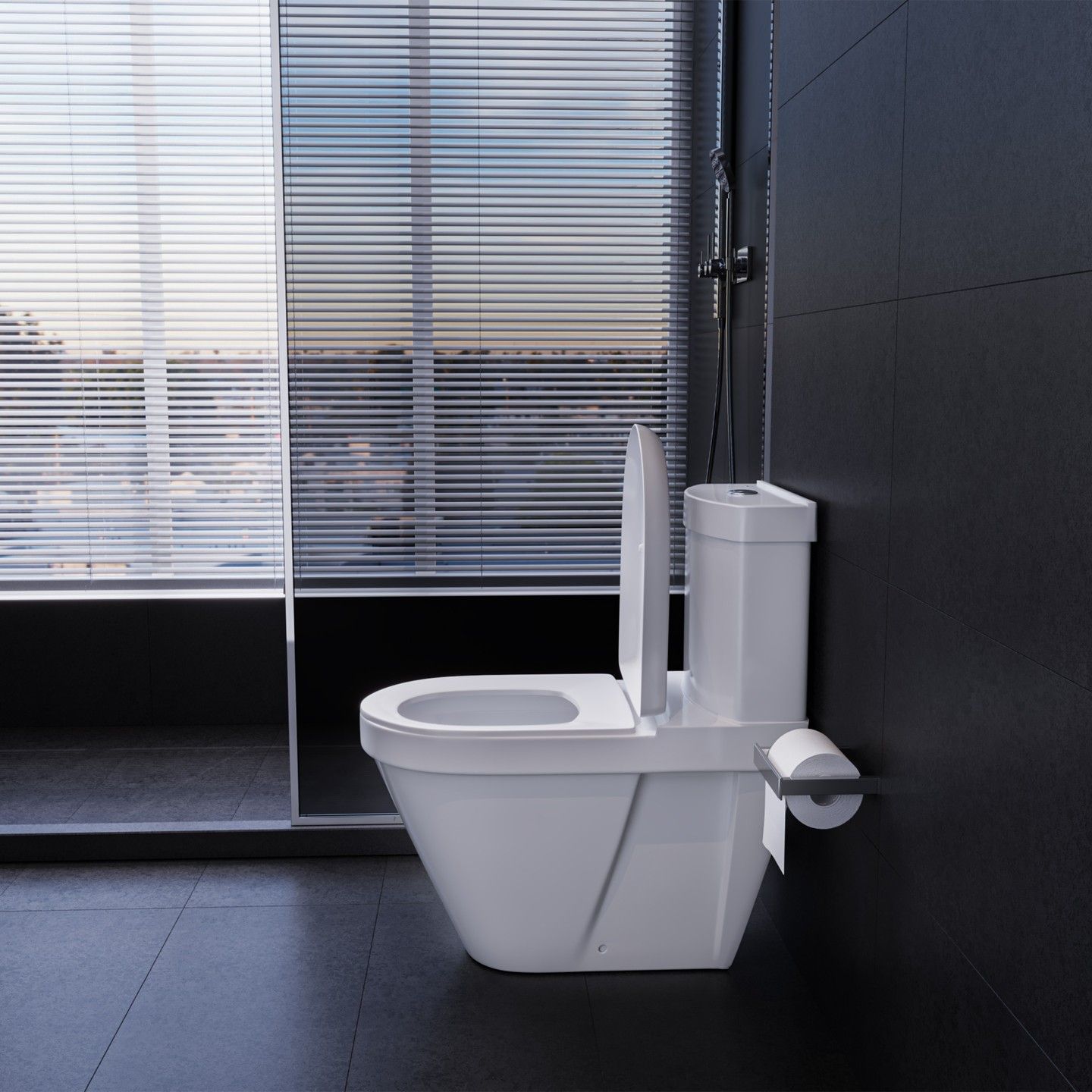 Angular white close-coupled WC in a dark tiled bathroom beside a window with blinds