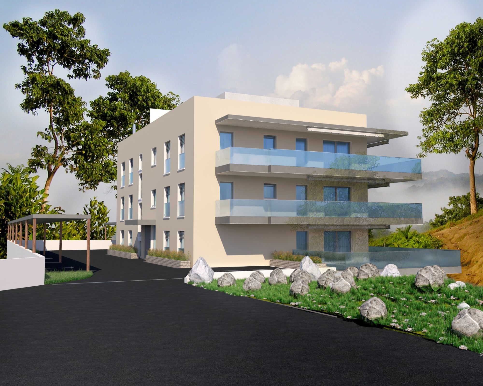 Early base render of the building with flat lighting, testing materials and massing