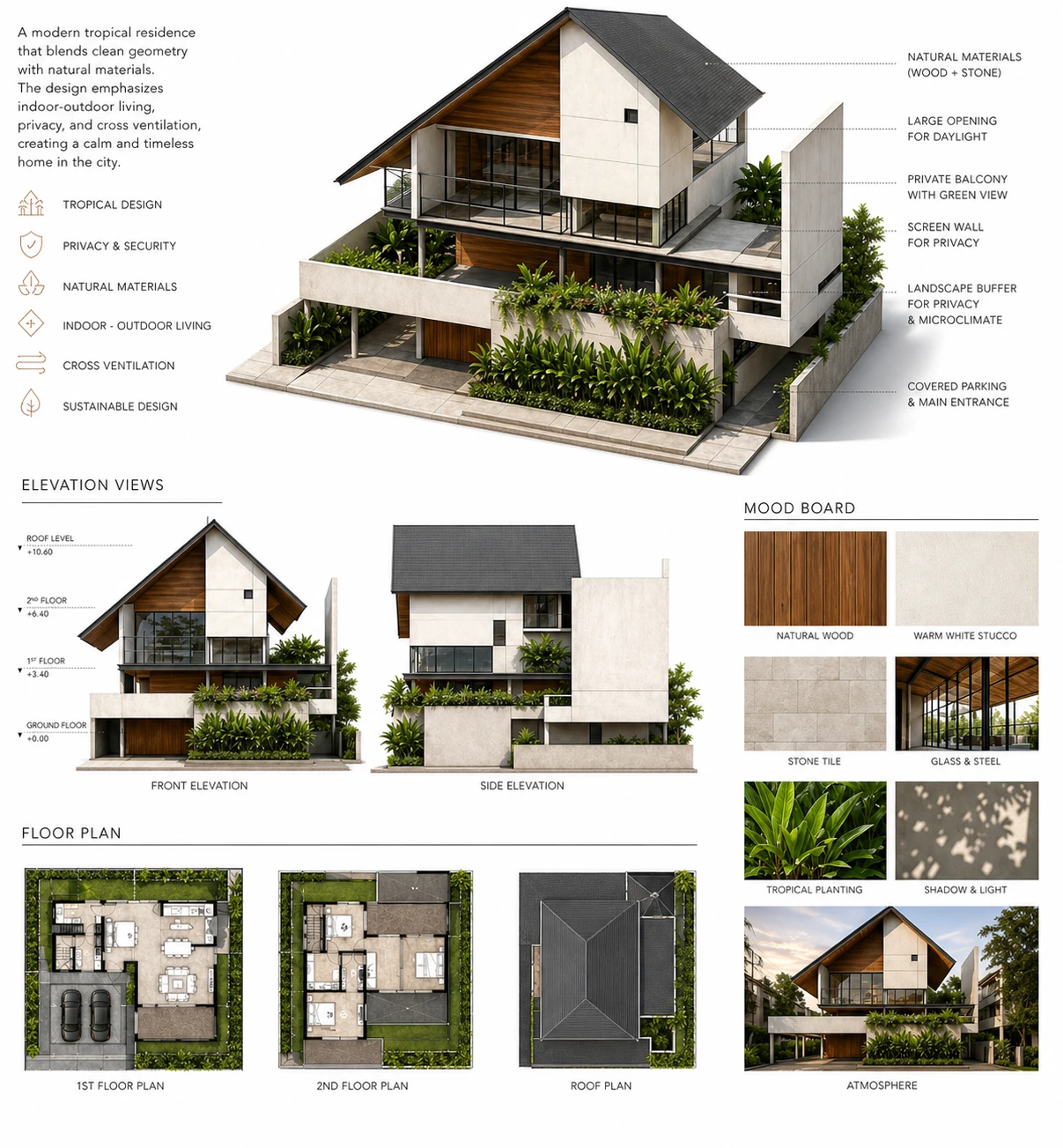 Casa Alero presentation board: isometric view with design notes, front and side elevations, floor plans and material mood board