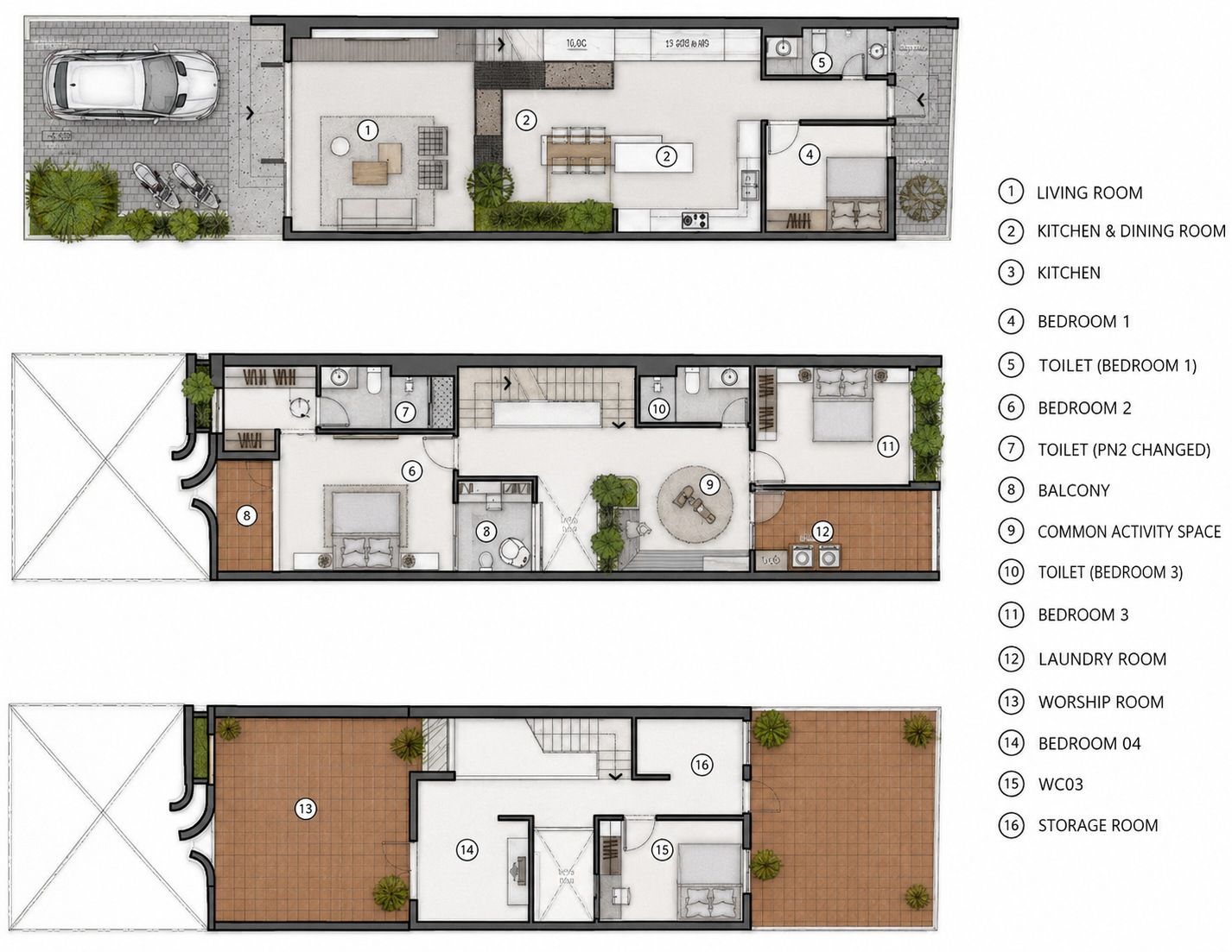 2D floor plans of the three levels with a room legend