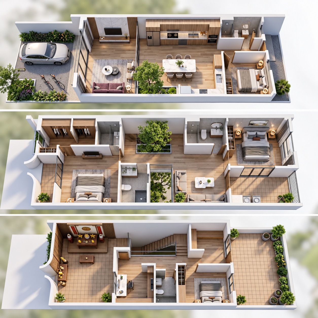 3D cutaway of the three floors showing furniture and layout