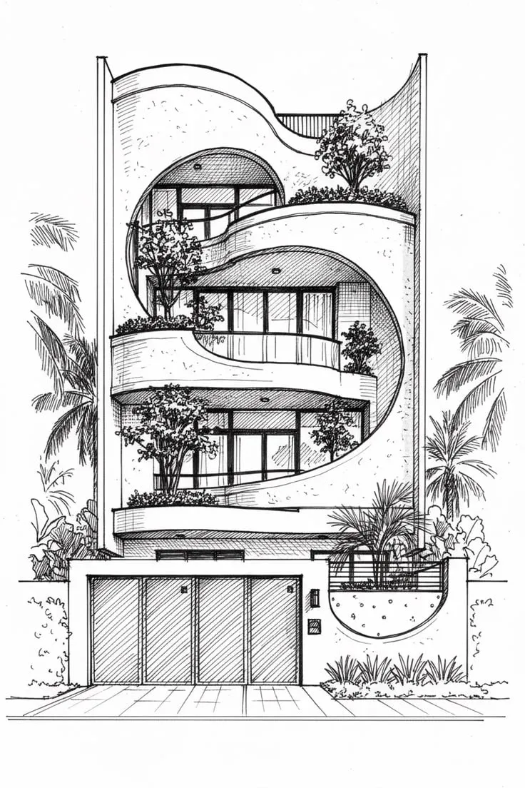 Residential building with curved balconies and integrated planting, a biophilic design study