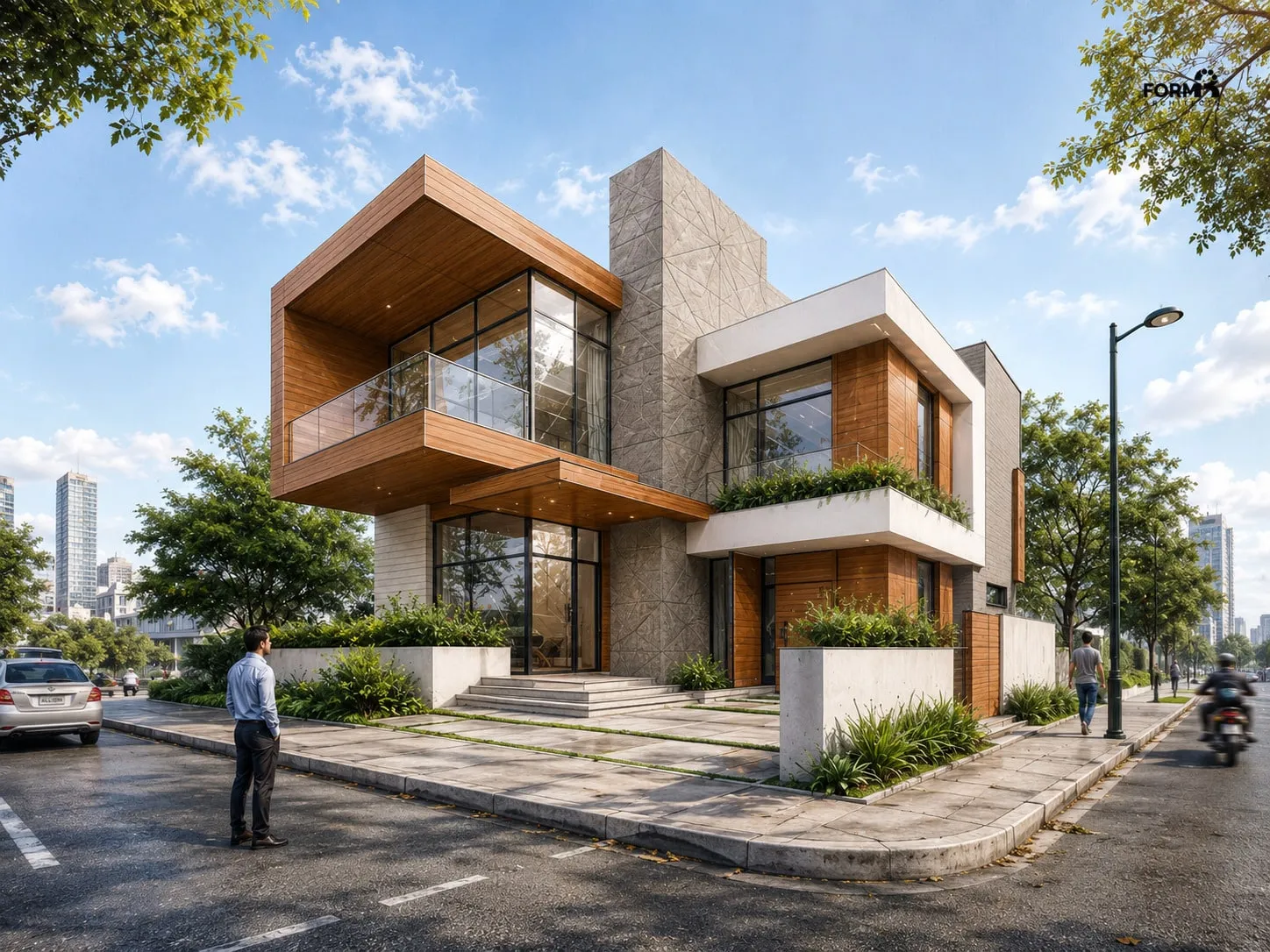 Photorealistic 3D visualization of the modern corner villa with timber cantilever and faceted stone wall