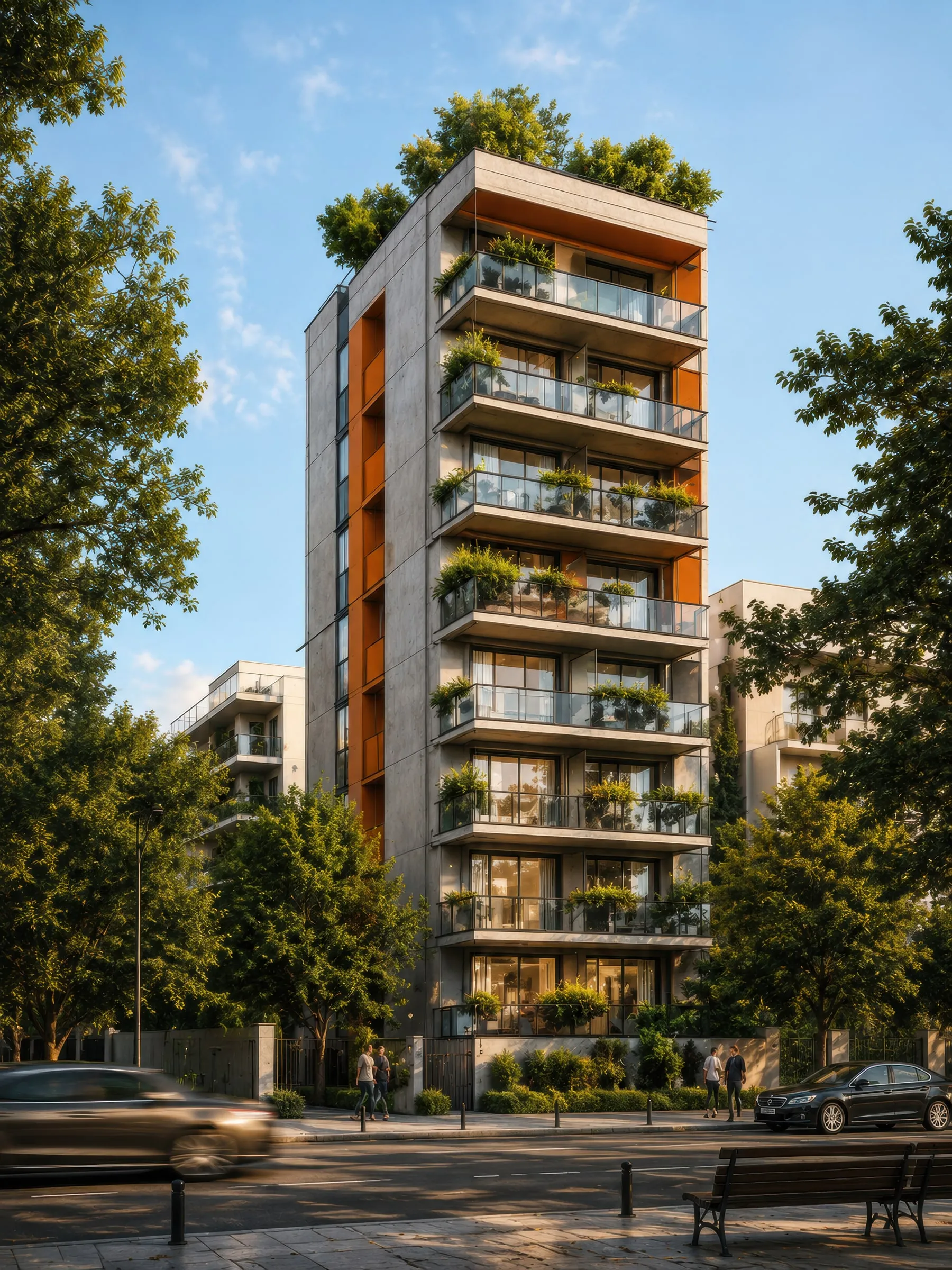Apartment tower with planted balconies, a green residential design concept